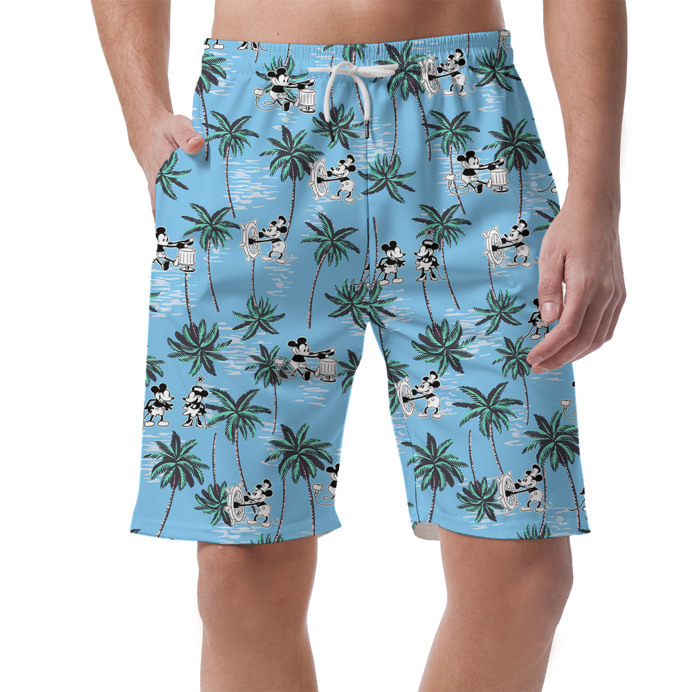 Cute Mickey Mouse Steamboat Willie Tropical Palm Tree Blue Summer Shorts For Men - variant image 1