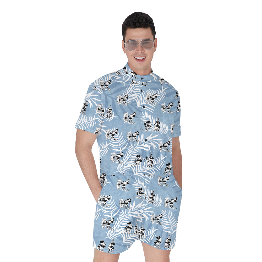 Cute Mickey Mouse Steamboat Willie Vintage Blue Hawaiian Romper For Men - variant image 1