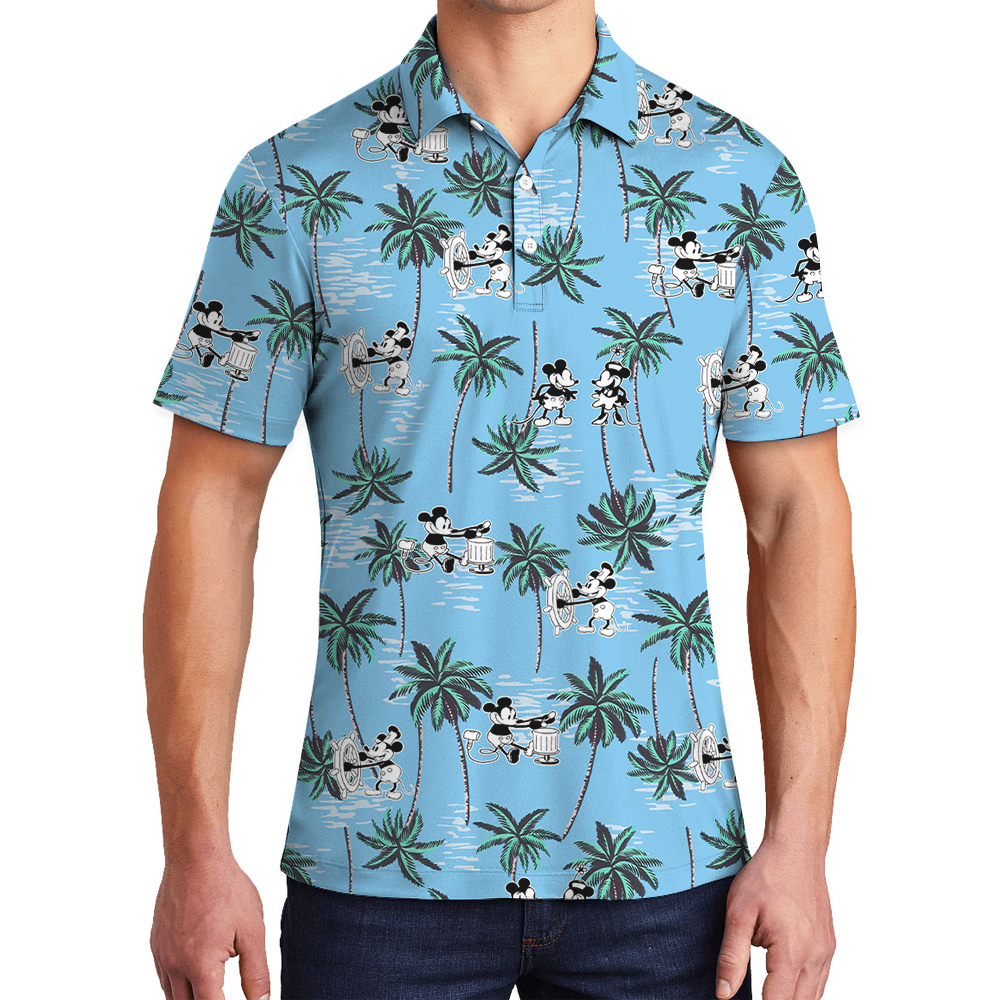 Tropical Palm Trees Mickey Steamboat Willie Movie Blue Hawaiian Polo Shirt - variant image 1