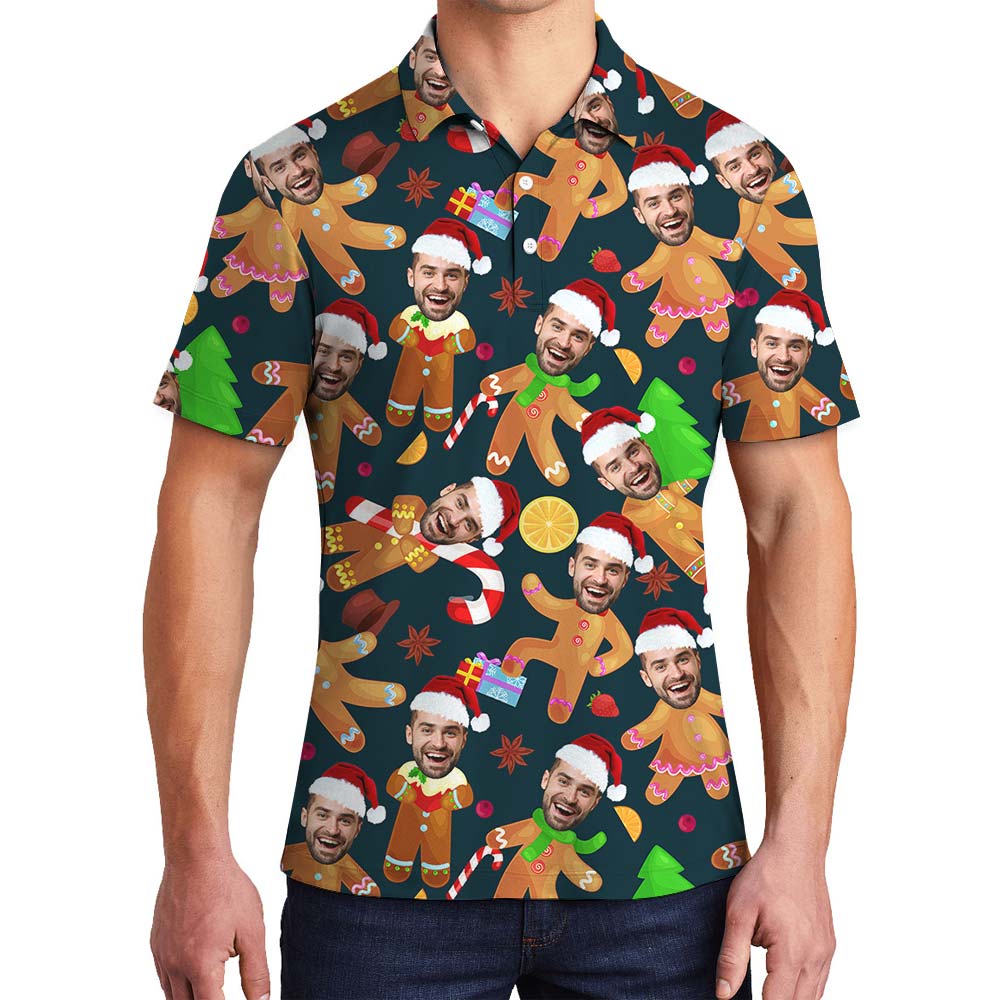 Navy Gingerbread Custom Face Men's Hawaiian Polo - variant image 1
