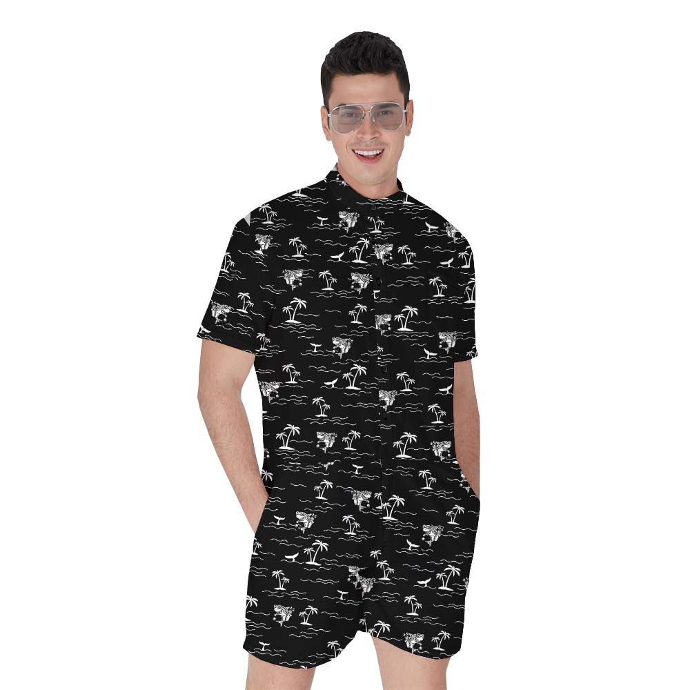 Black Aloha Men's Romper With Shark Pattern - variant image 1