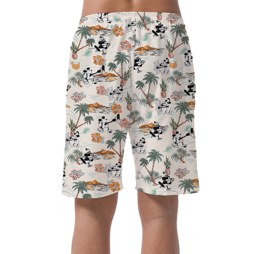 Cute Mickey Steamboat Willie Tropical Islands Hawaiian Beach Shorts For Men