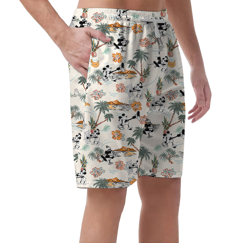 Cute Mickey Steamboat Willie Tropical Islands Hawaiian Beach Shorts For Men