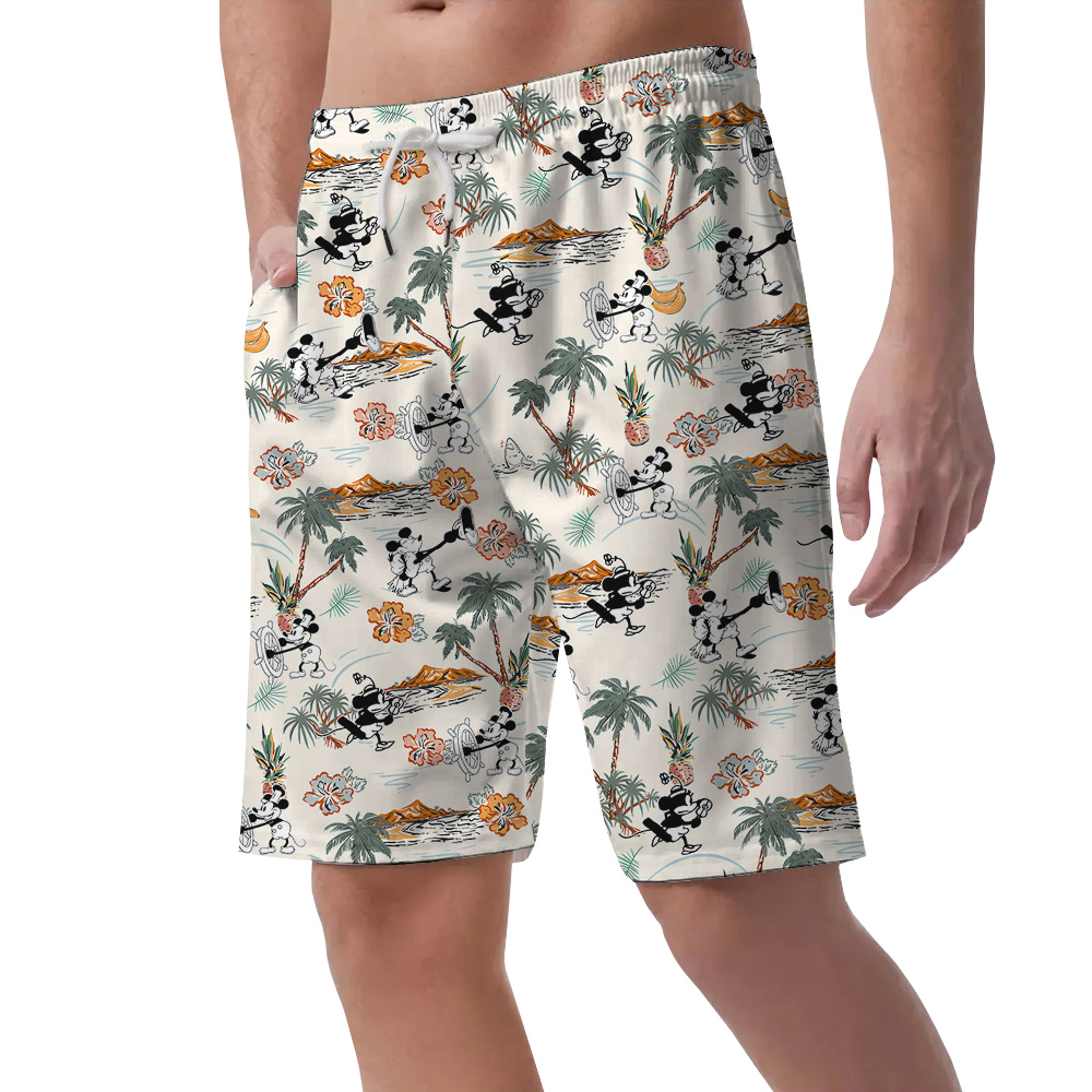 Cute Mickey Steamboat Willie Tropical Islands Hawaiian Beach Shorts For Men