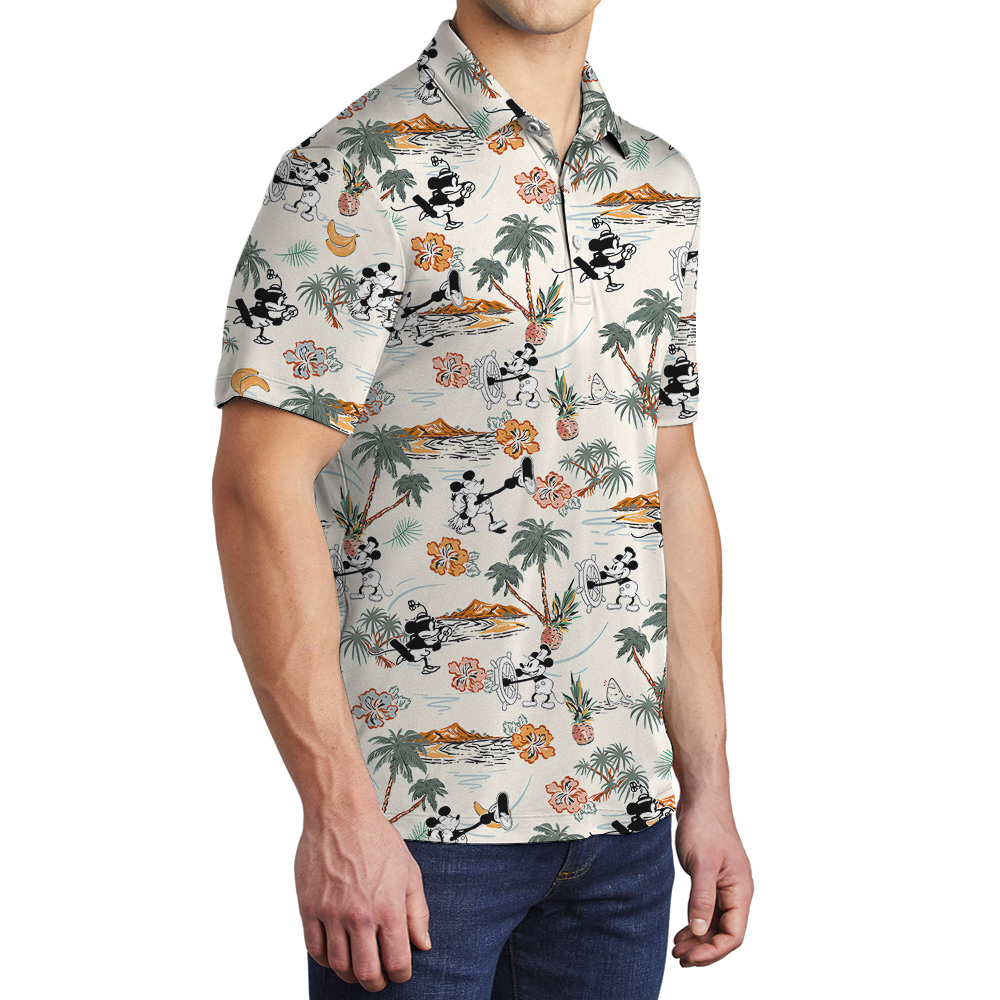 Steamboat Willie Mickey Minnie Tropical Islands Hawaiian Polo Shirt
