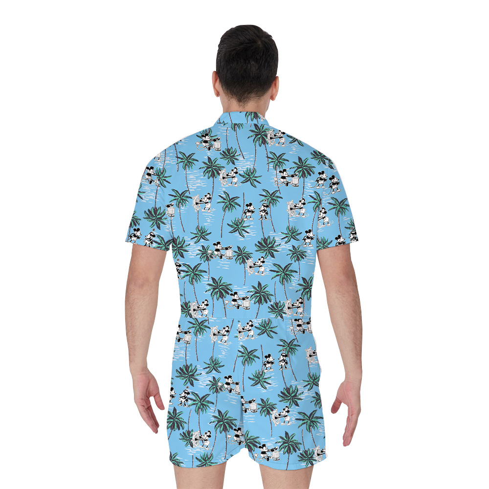 Blue Tropical Palm Trees Steamboat Willie Movie Mickey Hawaiian Romper For Men