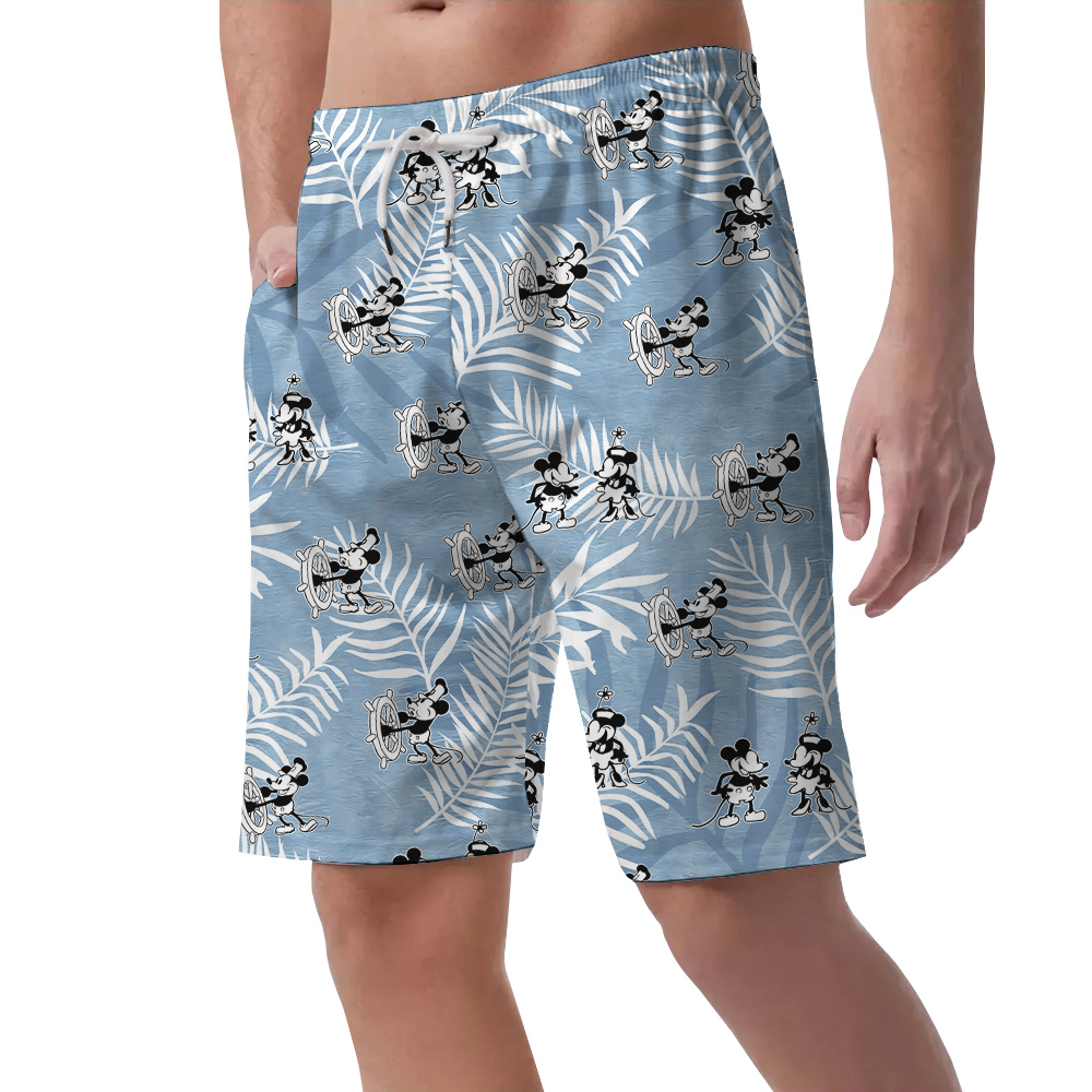 Cute Mickey Steamboat Willie 1928 Vintage Blue Hawaiian Beach Shorts For Men
