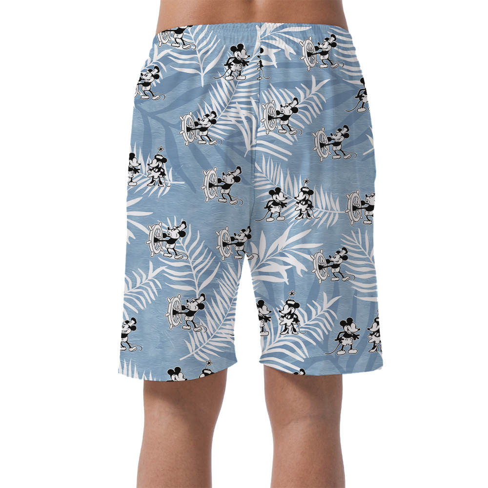 Cute Mickey Steamboat Willie 1928 Vintage Blue Hawaiian Beach Shorts For Men