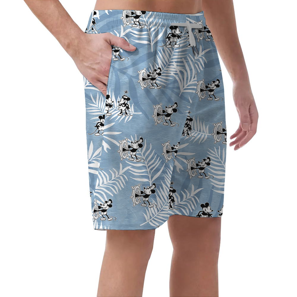 Cute Mickey Steamboat Willie 1928 Vintage Blue Hawaiian Beach Shorts For Men