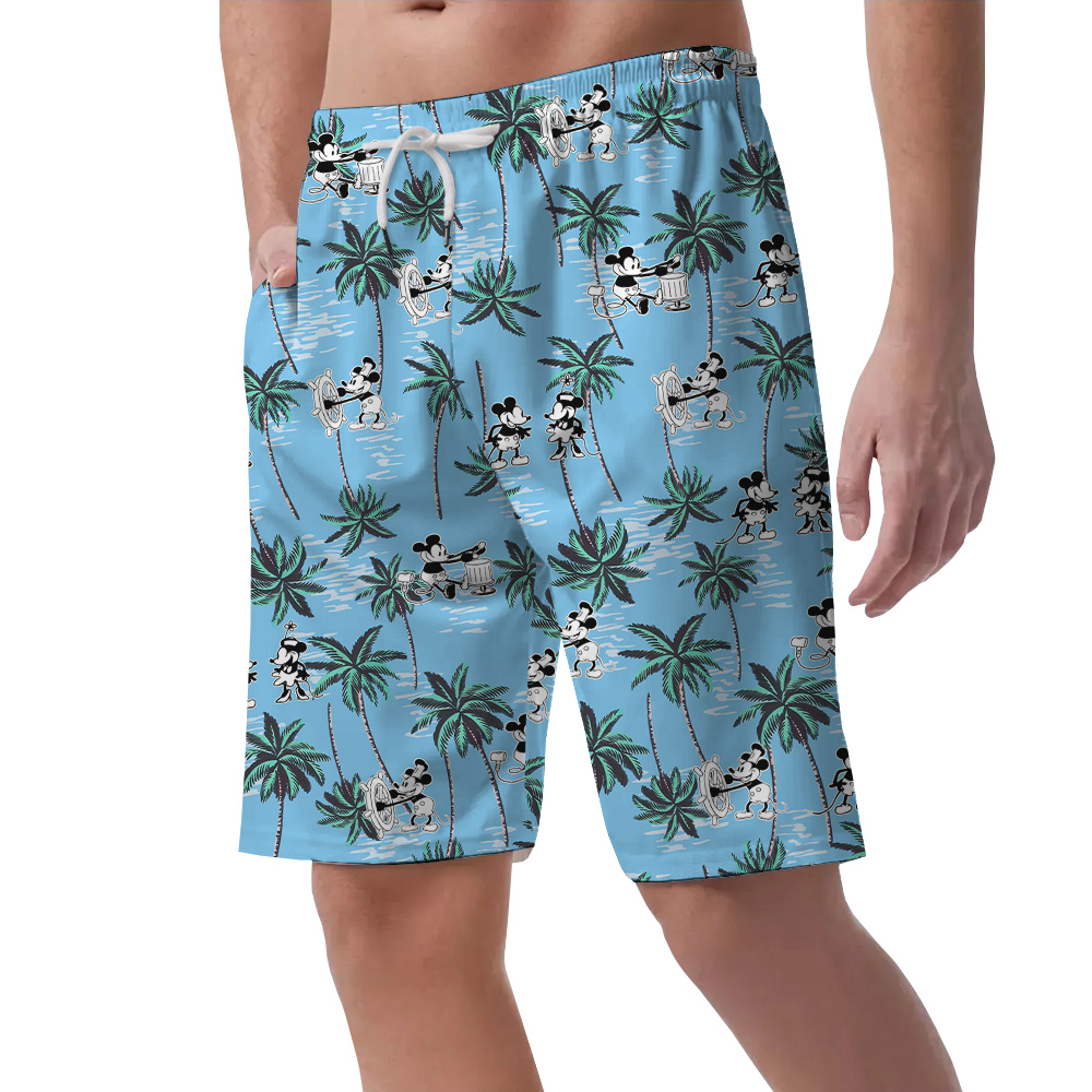 Cute Mickey Mouse Steamboat Willie Tropical Palm Tree Blue Summer Shorts For Men