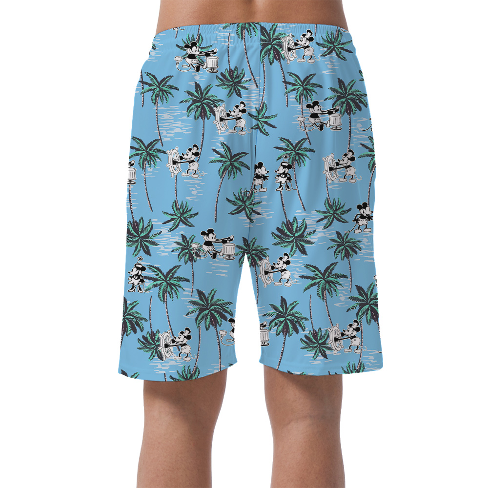 Cute Mickey Mouse Steamboat Willie Tropical Palm Tree Blue Summer Shorts For Men
