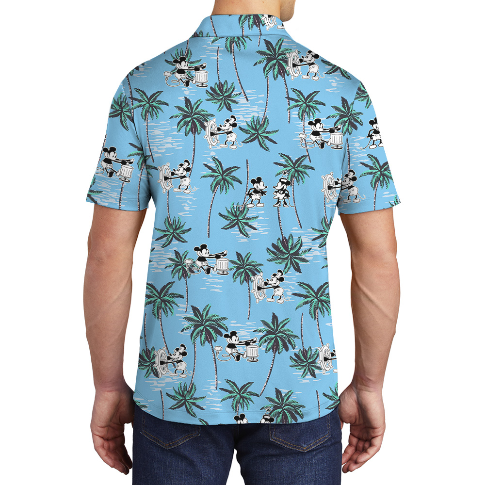 Tropical Palm Trees Mickey Steamboat Willie Movie Blue Hawaiian Polo Shirt