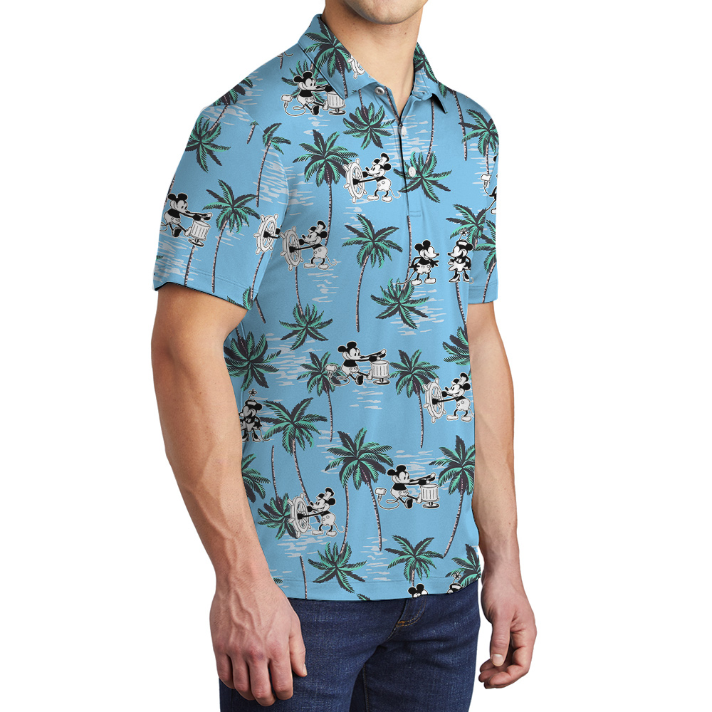 Tropical Palm Trees Mickey Steamboat Willie Movie Blue Hawaiian Polo Shirt