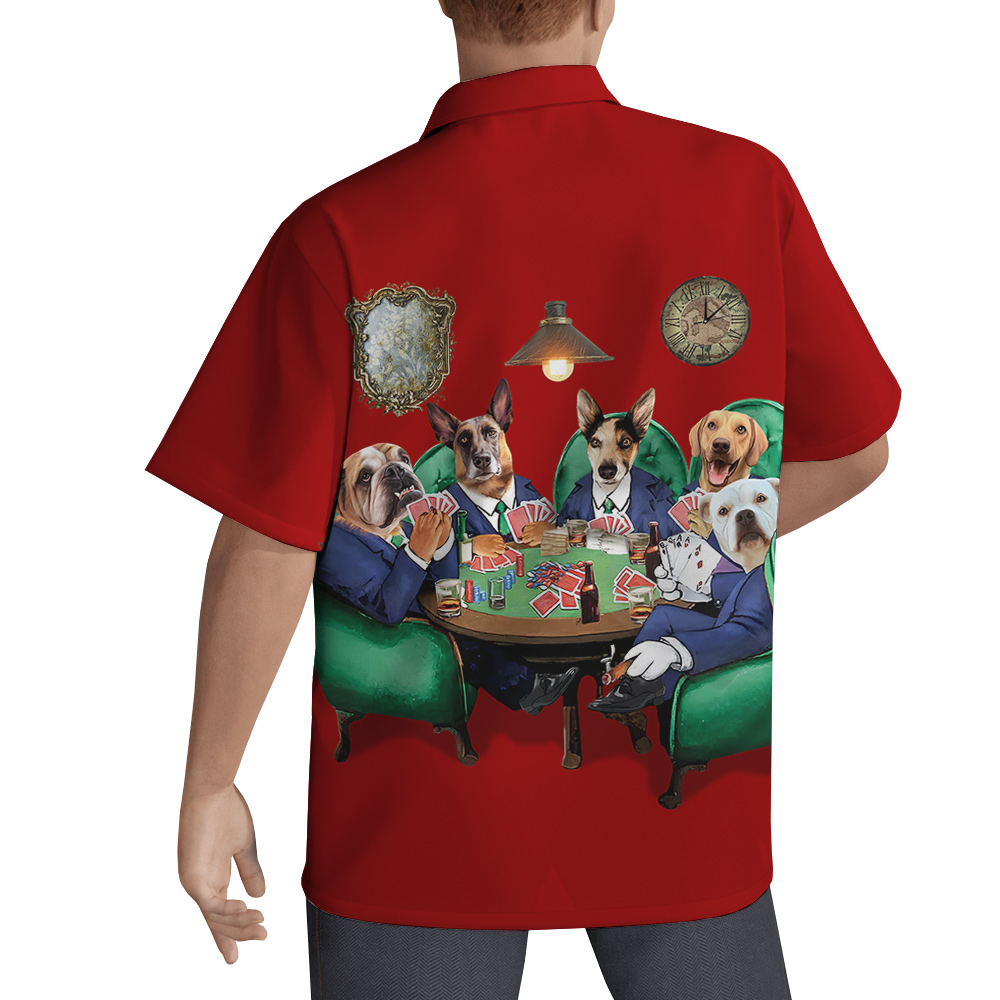 Dog Poker Red Hawaiian Men’s Shirt With Custom Multiple Dogs Face