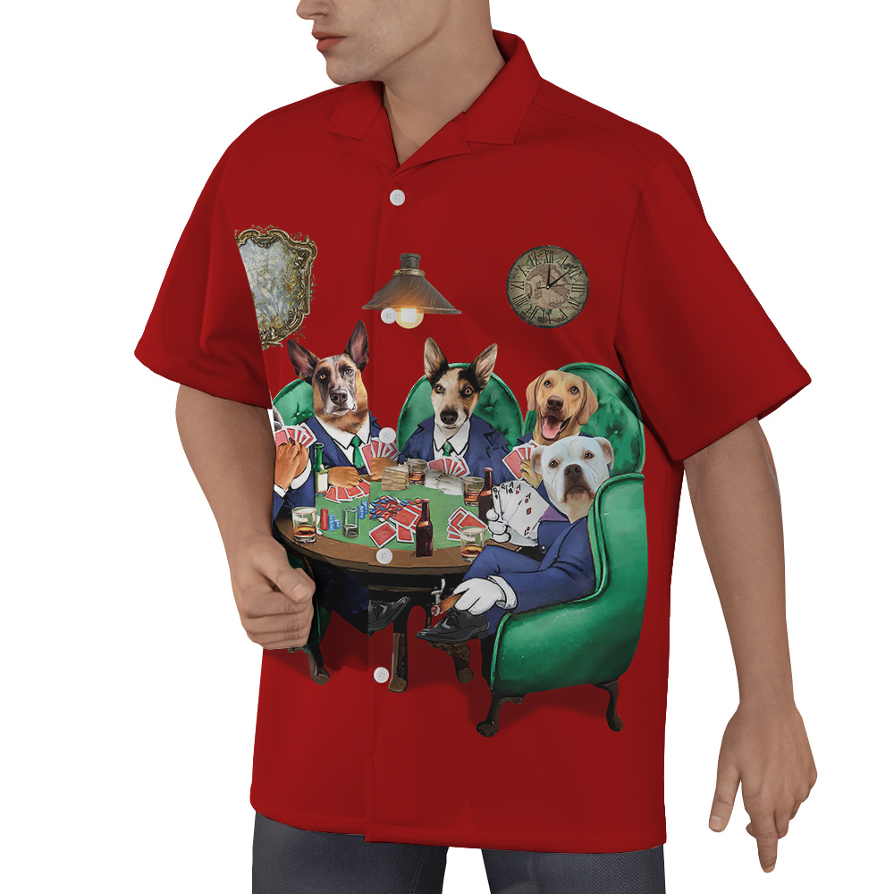 Dog Poker Red Hawaiian Men’s Shirt With Custom Multiple Dogs Face
