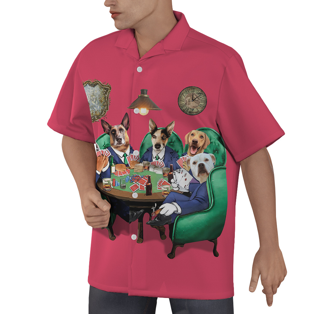 Dog Poker Pink Hawaiian Men’s Shirt With Custom Multiple Dogs Face