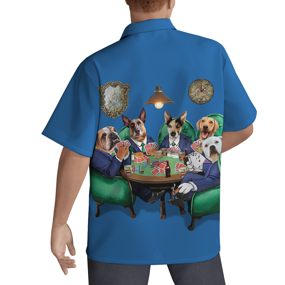 Custom Dog Poker Blue Hawaiian Men’s Shirt With Multiple Dogs Face