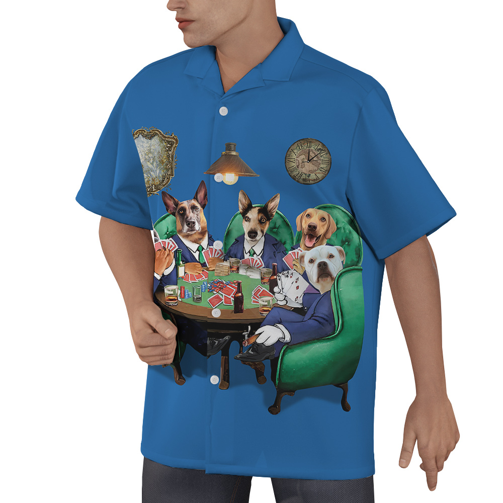 Custom Dog Poker Blue Hawaiian Men’s Shirt With Multiple Dogs Face