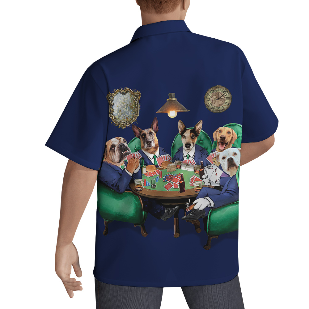Dog Poker Navy Hawaiian Men’s Shirt With Custom Multiple Dogs Face