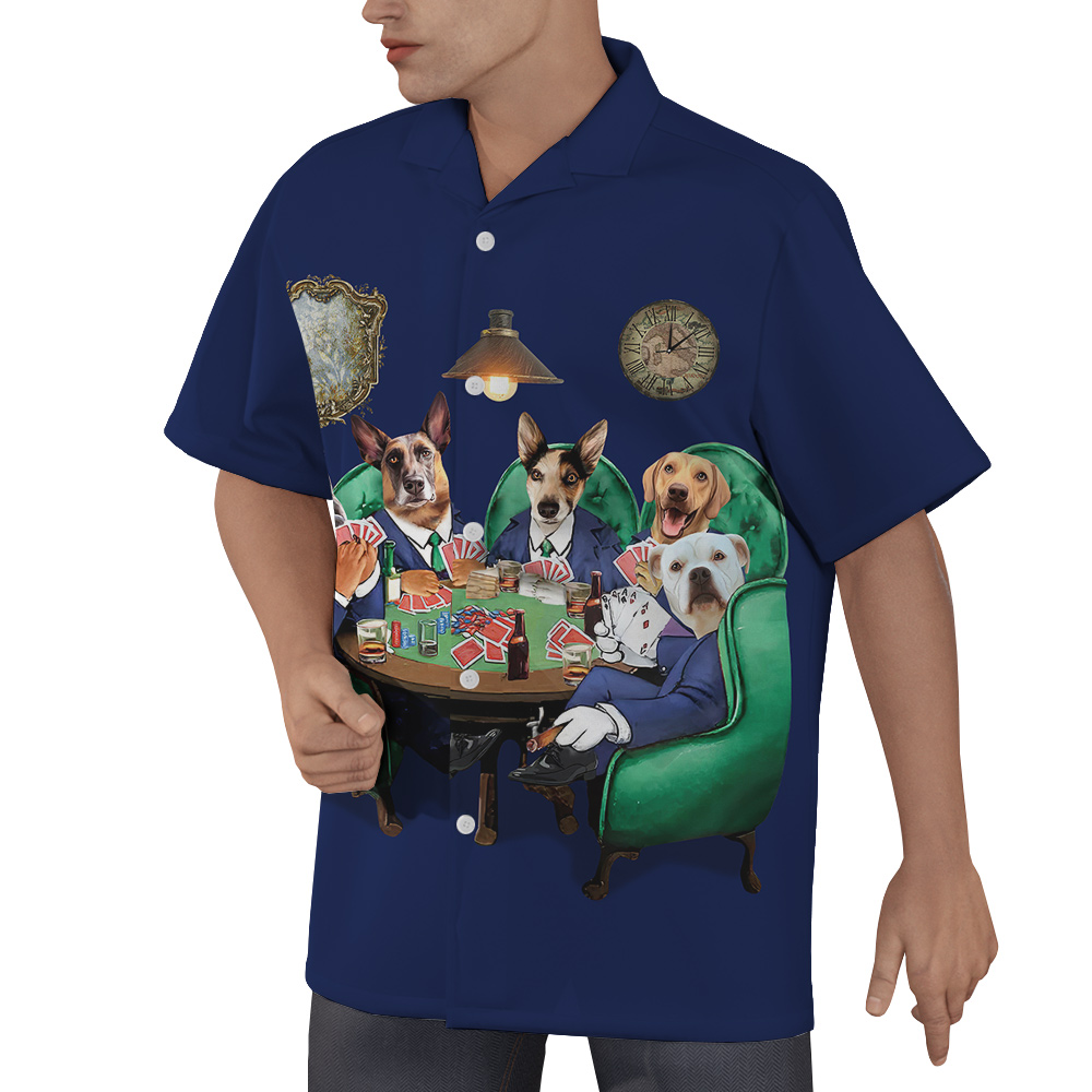 Dog Poker Navy Hawaiian Men’s Shirt With Custom Multiple Dogs Face