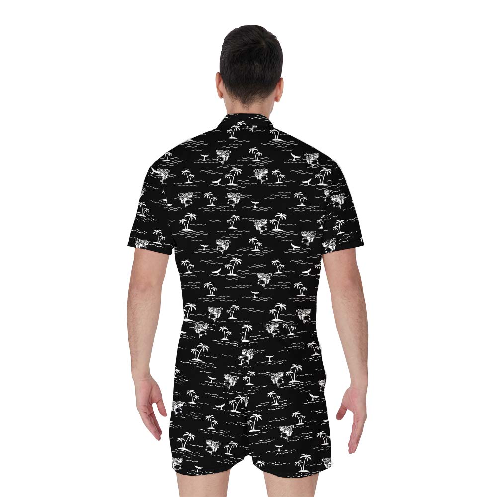 Black Aloha Men's Romper With Shark Pattern