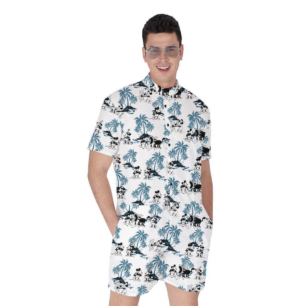 Blue Tropical Palm Trees Steamboat Willie Mickey Hawaiian Romper For Men - variant image 1