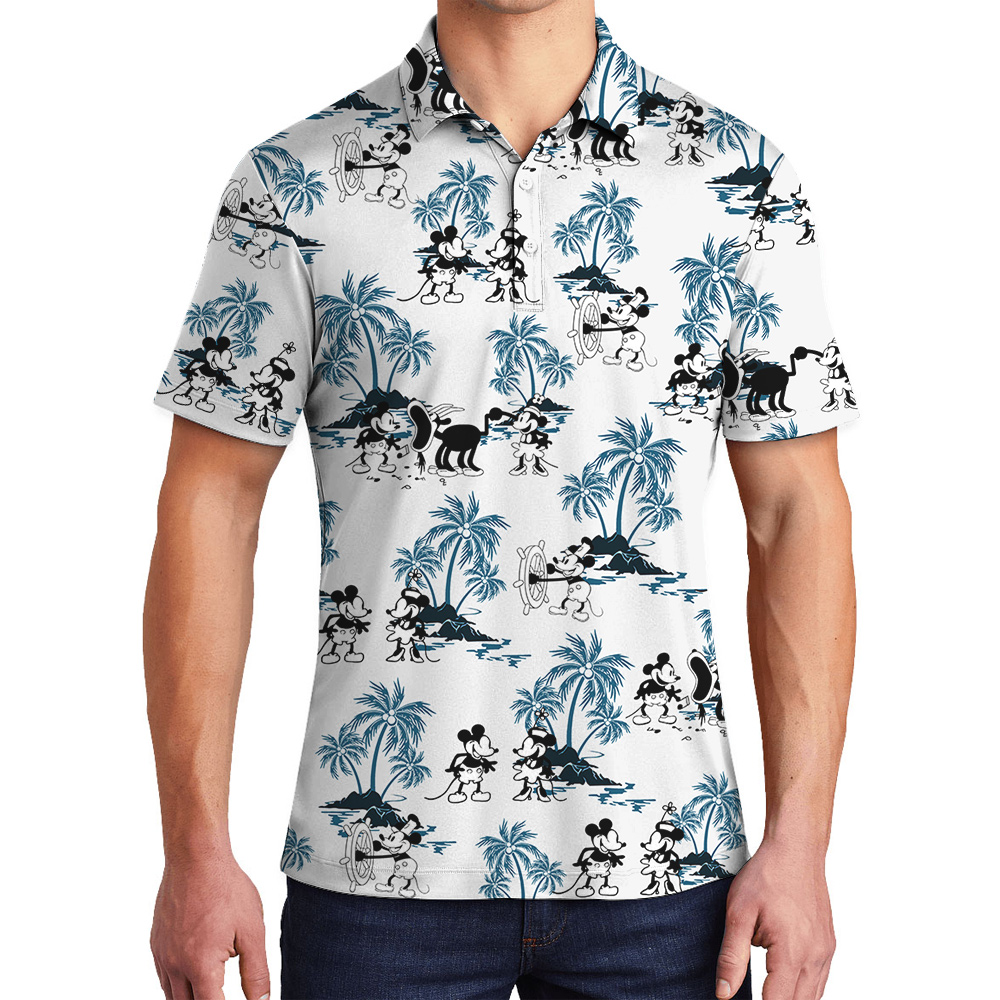 Mickey Steamboat Willie Blue Palm Trees Hawaiian Polo Shirt - variant image 1