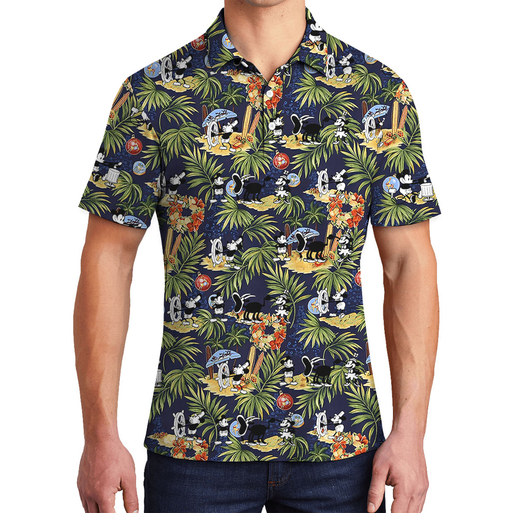 Funny Mickey On The Beach Tropical Navy Hawaiian Polo Shirt - variant image 1