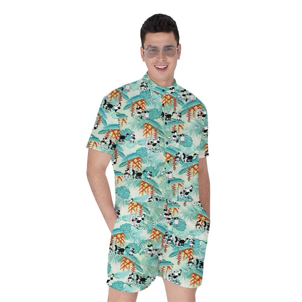 Steamboat Willie Mickey Mouse Tropical Leaves Men's Hawaiian Romper - variant image 1
