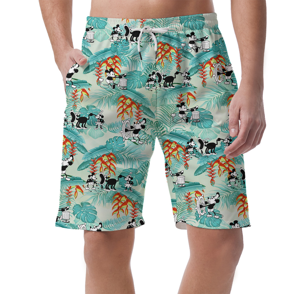 Vintage Mickey Steamboat Willie 1928 Tropical Leaves Hawaiian Beach Shorts For Men - variant image 1