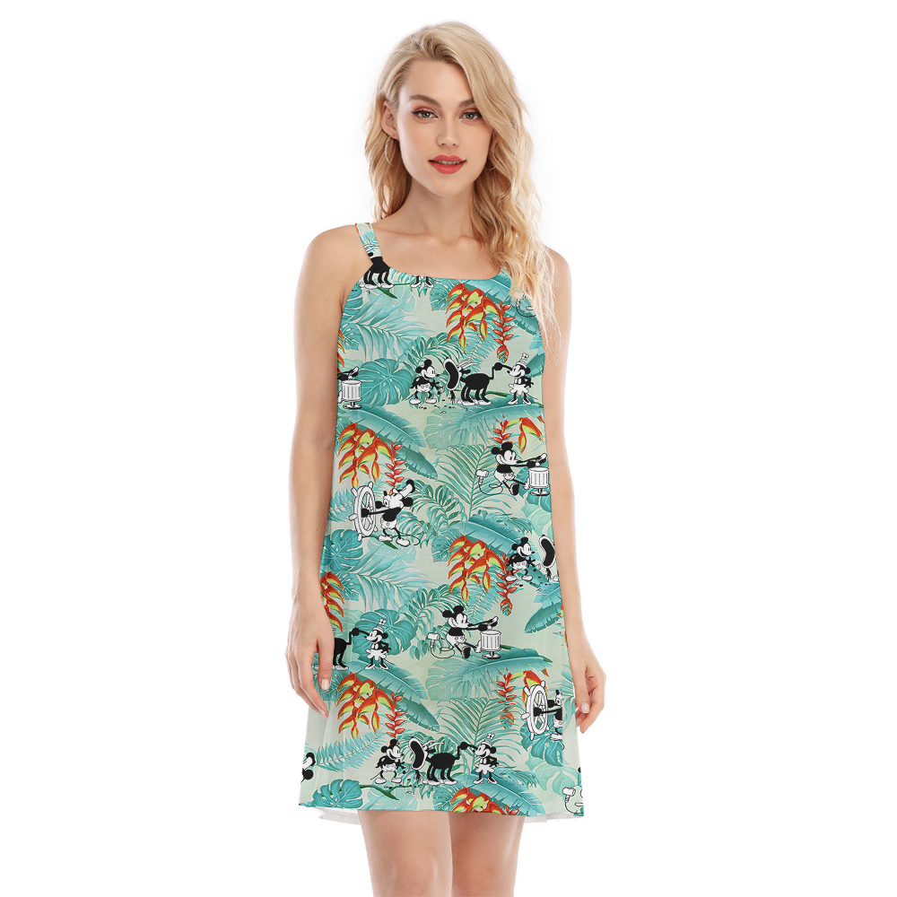 Cute Mickey Steamboat Willie Tropical Leaves Aloha Cami Dress - variant image 1
