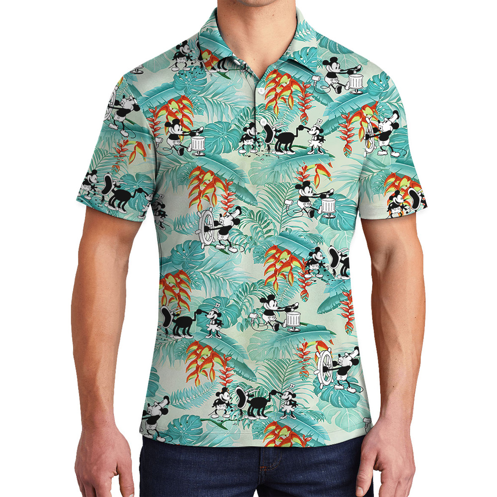 Lovely Mickey Mouse Steamboat Willie Tropical Leaves Hawaiian Polo Golf Shirt - variant image 1