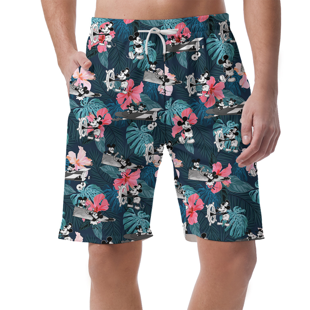 Tropical Hibiscus Mickey Steamboat Willie Floral Hawaiian Beach Shorts For Men - variant image 1
