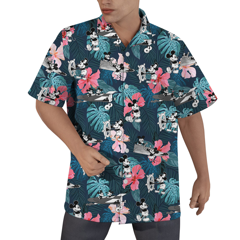 Tropical Hibiscus Steamboat Willie Mickey Mouse Hawaiian Shirt - variant image 1