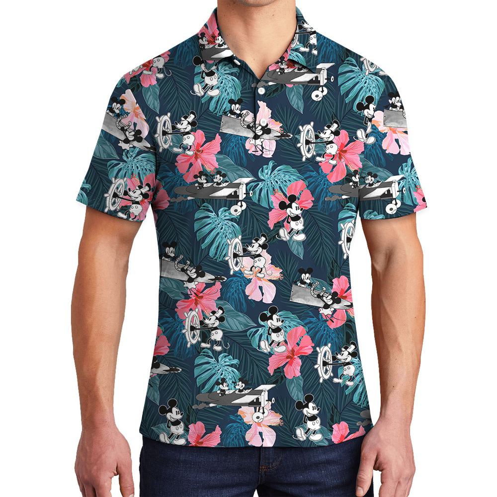 Cute Mickey Mouse Steamboat Willie 1928 Tropical Hibiscus Hawaiian Polo Shirt - variant image 1