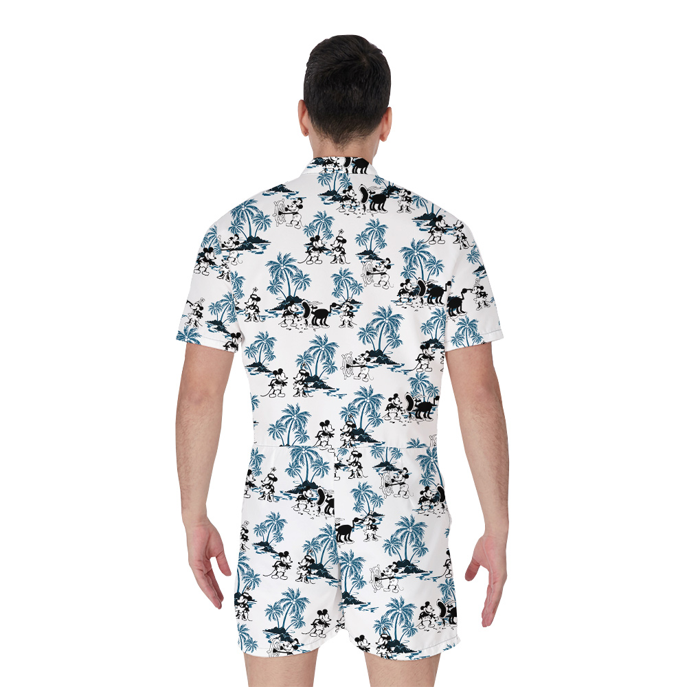 Blue Tropical Palm Trees Steamboat Willie Mickey Hawaiian Romper For Men