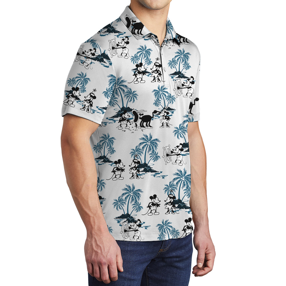 Mickey Steamboat Willie Blue Palm Trees Hawaiian Polo Shirt