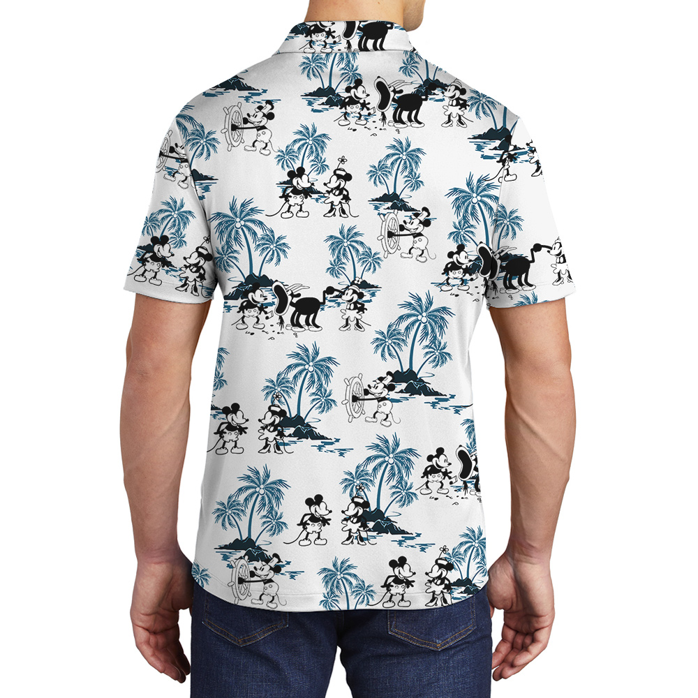 Mickey Steamboat Willie Blue Palm Trees Hawaiian Polo Shirt