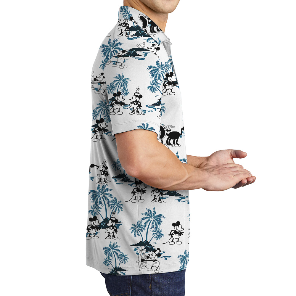 Mickey Steamboat Willie Blue Palm Trees Hawaiian Polo Shirt