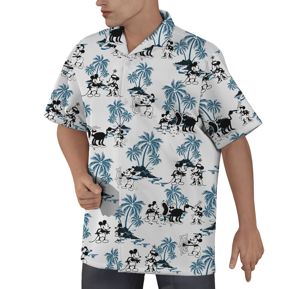 Blue Vintage Palm Trees Steamboat Willie Mickey Hawaiian Shirt