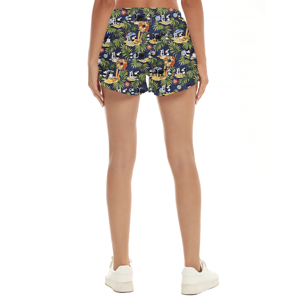 Cute Mickey Mouse Steamboat Willie Tropical Hawaiian Beach Shorts For Women