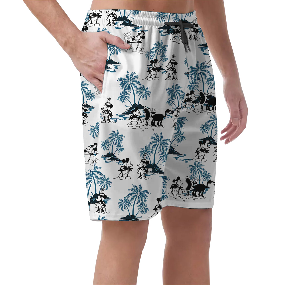 Steamboat Willie Mickey Vintage Palm Trees Hawaiian Beach Shorts For Men