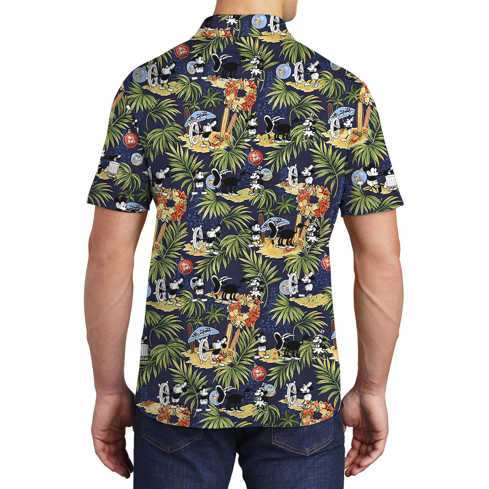 Funny Mickey On The Beach Tropical Navy Hawaiian Polo Shirt
