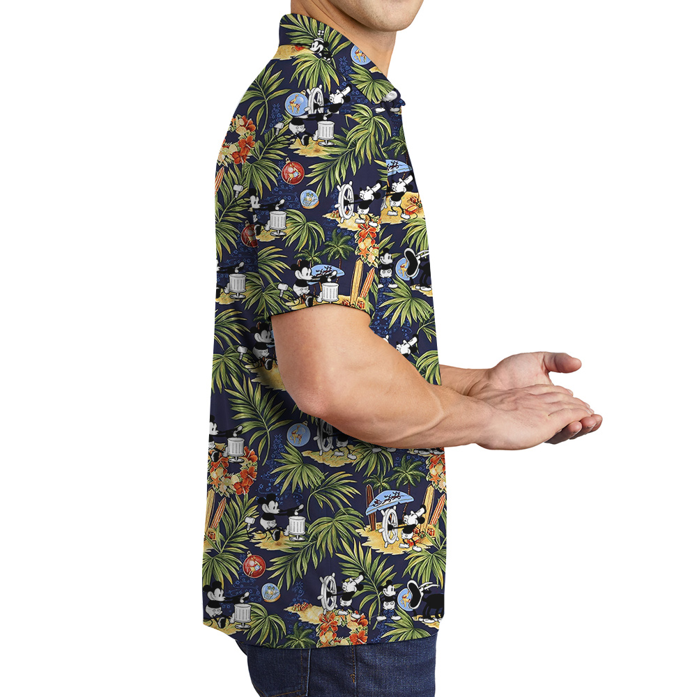 Funny Mickey On The Beach Tropical Navy Hawaiian Polo Shirt