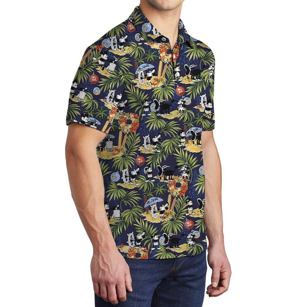Funny Mickey On The Beach Tropical Navy Hawaiian Polo Shirt