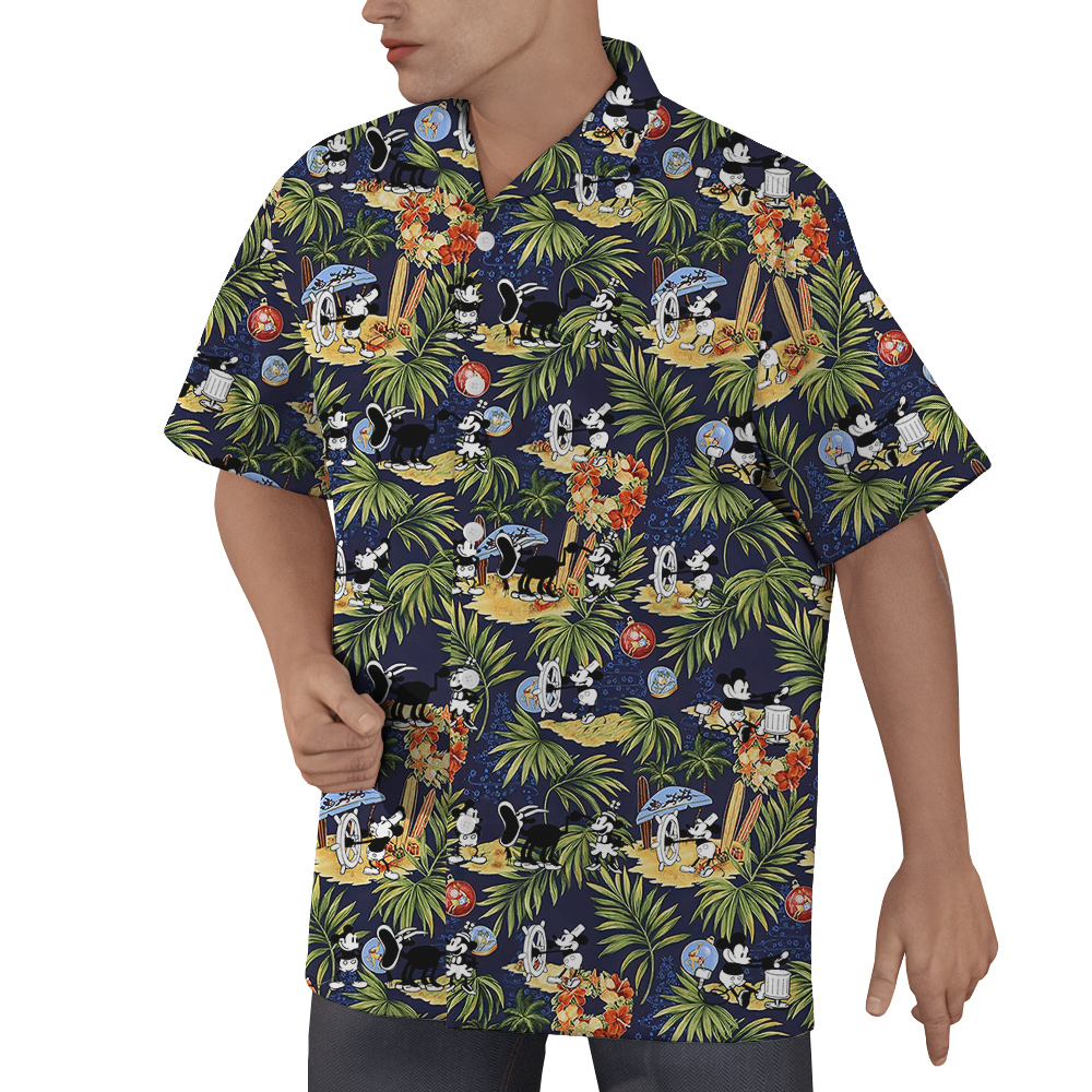 Tropical Mickey Mouse Steamboat Willie Navy Hawaiian Shirt