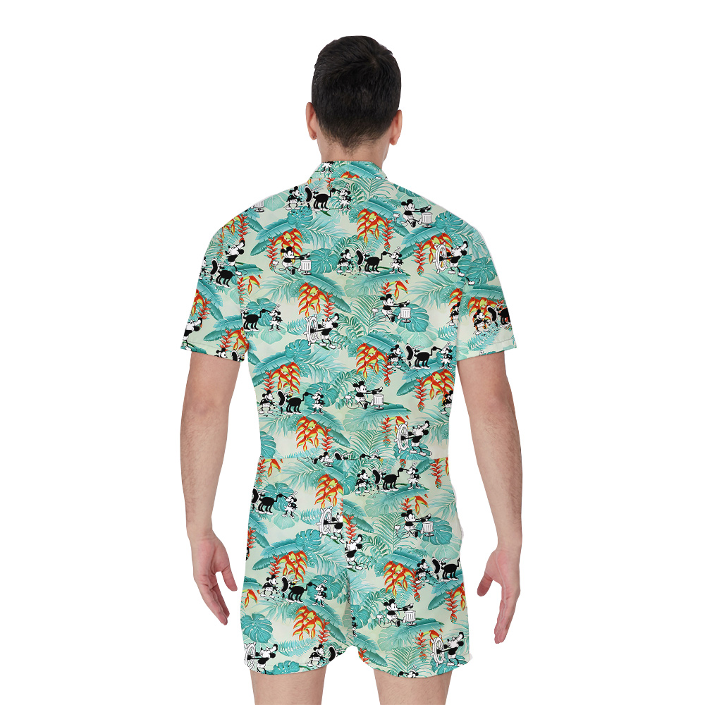 Steamboat Willie Mickey Mouse Tropical Leaves Men's Hawaiian Romper