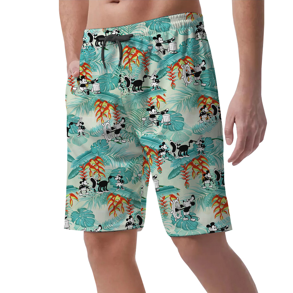 Vintage Mickey Steamboat Willie 1928 Tropical Leaves Hawaiian Beach Shorts For Men