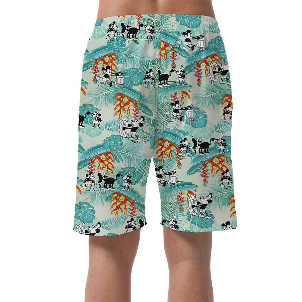 Vintage Mickey Steamboat Willie 1928 Tropical Leaves Hawaiian Beach Shorts For Men