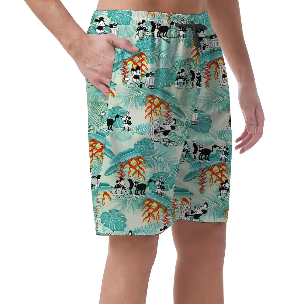 Vintage Mickey Steamboat Willie 1928 Tropical Leaves Hawaiian Beach Shorts For Men
